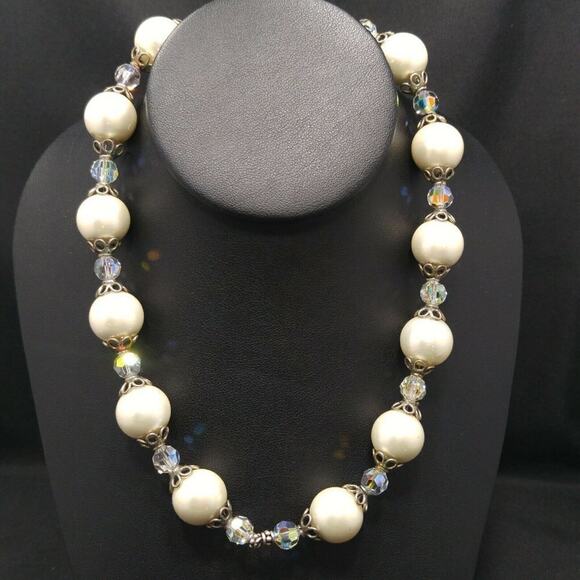 Vintage Glass Pearls Crystal Beaded Necklace, Silver Clasp, Strung on Wire, 17" - Picture 4 of 11